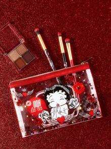 Betty Boop x SHEIN Estuche de cosméticos transparente brillante con personajes de dibujos animados y estampado floral de rosas, regalo para el amante