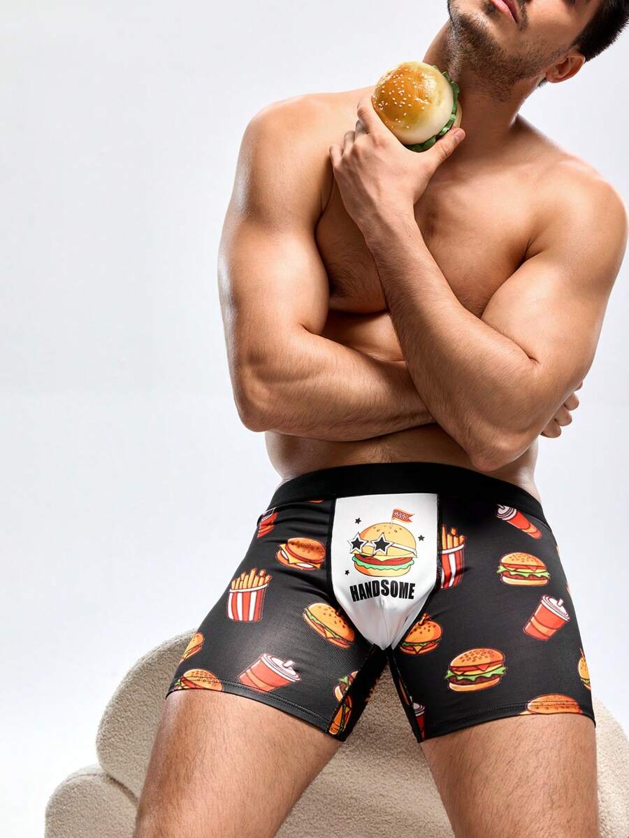 Men's Hamburger Digital Printing Boxer Briefs - Black - View 1