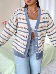 Flirla 大码时尚拼色提花针织开衫，适合冬季 - 霧霾藍 - 查看 5