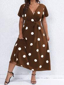 SHEIN Franclia Plus Size Women's Summer Polka Dot Print Crossover V-Neck Short Sleeve Dress - Brown - View 3