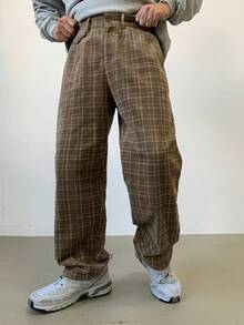 DAZY 男士格纹印花简约休闲裤，秋季灯芯绒 - 棕色 - 查看 8