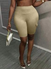 Slaydiva Quần áo bảo hộ lao động đường phố thông thường mùa hè, túi ba chiều, eo rộng, quần ôm vừa vặn, quần đi xe đạp, quần short nữ dệt kim màu xám nhạt - Màu be - Xem 5