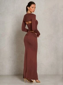 SHEIN BAE Conjunto de top corto de manga larga con cuello de cisne plisado y falda larga de unicolor, primavera verano, para mujer - Marrón - Ver 2