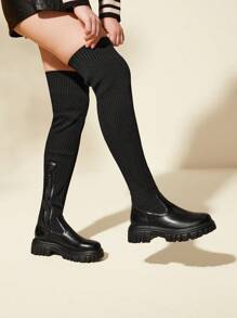 CUCCOO BASICS 女士鞋子简约拼接设计针织黑色过膝袜靴夏季度假鞋夏季促销返校鞋大学生鞋圣诞节和新年假期 - 黑色 - 查看 8