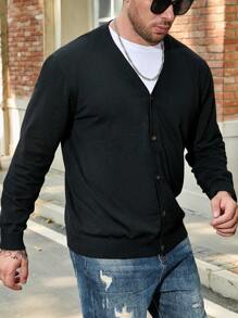 Manfinity Homme Men's Plus Size Solid Color Simple Casual Cardigan, Black Outerwear, Fall/Winter