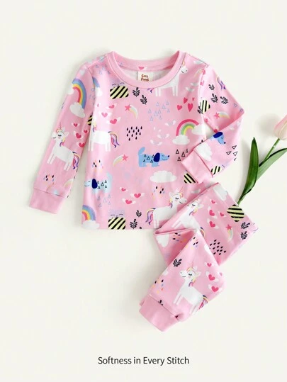 Cozy Pixies 2 件装女婴独角兽和彩虹拼色柔软针织圆领长袖上衣和裤子贴身睡衣套装