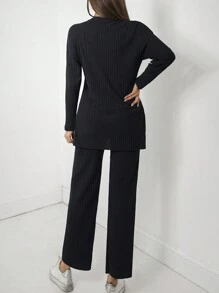 Drop Shoulder Split Hem Tee & Pants - Navy Blue - View 2