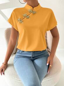 SHEIN Privé Camisa de manga corta con botones al frente de estilo chino para mujer - Amarillo - Ver 7