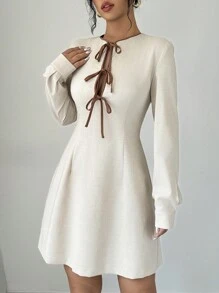 Selianne Vestido casual de manga larga con cordón y bloque de color para mujer, primavera/otoño - Albaricoque - Ver 7