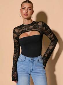 SHEIN BAE Women's Black Basic Long Sleeve Knit Top With Lace Contrast, Crew Neck, Simple And Elegant, Suitable For Outings, Dates, Night Outs And Elegant Parties, Autumn Winter