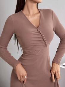 Modelyn 纯色长袖阿拉伯休闲朴素连衣裙，春秋长款晚礼服 - 藕粉色 - 查看 4