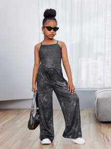 2pcs Tween Girl's Washed Effect Camisole And Wide-Leg Pants Set - Black - View 7