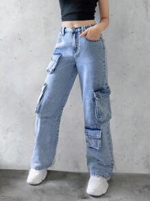 SHEIN Explorewe 青少年女孩休闲工装裤，带多个口袋，适合音乐节的宽松直筒牛仔裤 - 淺色水洗藍 - 查看 4