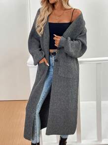 Chiquease Long Casual Cardigan With Double Pockets, Mixed Fabric, Autumn/Winter Thermal
