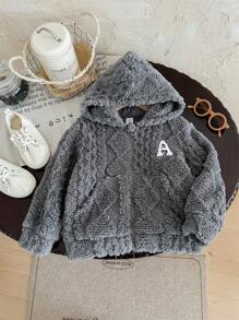SHEIN Young Boys Casual Comfy Plush Textured Letter Embroidery Zip-Up Warm Hooded Fleece Jacket Outerwear For Fall/Winter