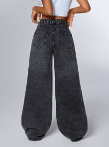 SHEIN ICON 女式宽松破洞阔腿牛仔裤，带口袋