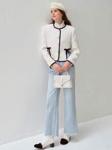 Enchnt Autumn Romantic Women's Sweetheart Contrast Color Bow-Decor Hem Elegant Short White Tweed Jacket