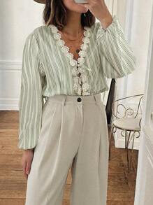 SHEIN LUNE 女式秋季 V 领花卉荷叶边蝴蝶结条纹长袖衬衫 - 彩色 - 查看 1