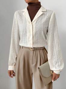 SHEIN Clasi Áo Sơ Mi Nữ Dài Tay Cổ Thêu Màu Trơn, Xuân Hè - Màu be - Xem 1