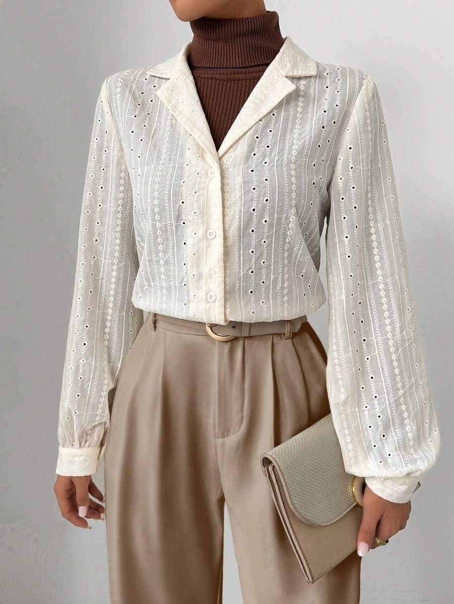 SHEIN Clasi Áo Sơ Mi Nữ Dài Tay Cổ Thêu Màu Trơn, Xuân Hè - Màu be - Xem 1