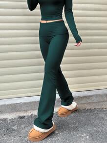 Women's Casual Solid Color Wide-Waist Flare Pants, Leggings Fold-Over Waist High Waist Ruched Slim Fit - 墨綠色 - 查看 3