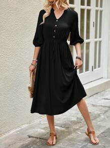 EMERY ROSE Women's Summer Medium-Sleeve Notched V-Neck Drawstring Waist Dress In Dark Blue. - Black - View 1