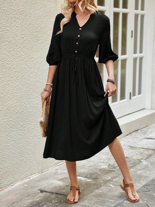 EMERY ROSE Women's Summer Medium-Sleeve Notched V-Neck Drawstring Waist Dress In Dark Blue.