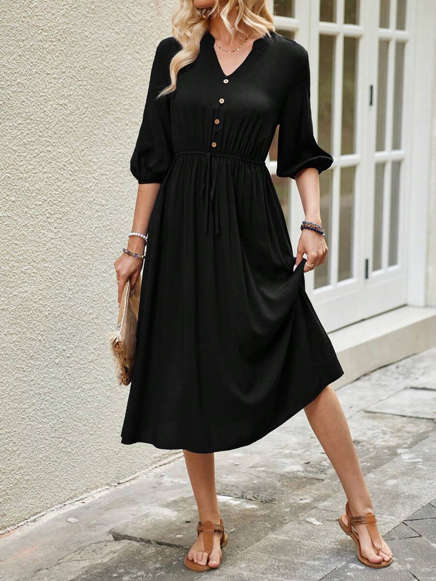 EMERY ROSE Women's Summer Medium-Sleeve Notched V-Neck Drawstring Waist Dress In Dark Blue. - Black - View 1