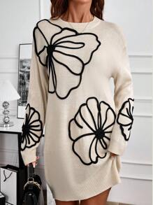 EMERY ROSE Women's Embroidered Long Sleeve Crew Neck Knitted Sweater Dress - Apricot - View 6