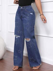 SHEIN SXY Jeans de pierna ancha con cierre delantero, bolsillos múltiples, desgastados, con estampado de estrellas - Azul lavado oscuro - Ver 4