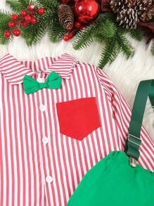 SHEIN 2 件装男婴休闲复古优雅校园风格拼色衬衫绅士套装，适合圣诞节场合 - 彩色 - 查看 5