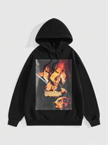 ROMWE MEN Harry Potter | ROMWE Men's Casual Loose Drawstring Hooded Sweatshirt With Character And Letter Print, Spring Autumn - Black - View 1