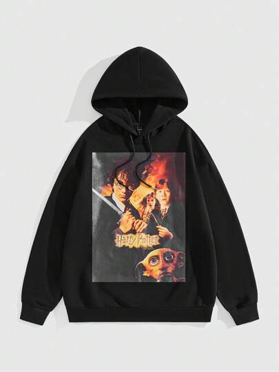 Harry Potter | ROMWE Men's Casual Loose Drawstring Hooded Sweatshirt With Character And Letter Print, Spring Autumn