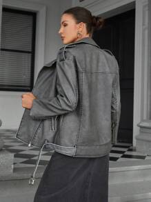 Aveloria Chaqueta de poliuretano desgastada y oversize para mujer, abrigo cortoviento suelto de estilo de motocicleta, otoño
