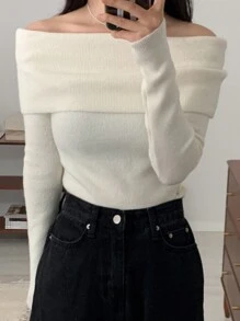 DAZY Women's Casual Plain Off-Shoulder Sweater, Spring & Autumn,Long Sleeve Tops,Fall Women Clothes - Beige - View 6