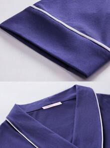 LUVLETTE 秋冬季柔软舒适100%纯棉基础款女士睡衣套装，长袖系带上衣和裤子，女士家居服套装，秋季睡衣 - 藍色 - 查看 7