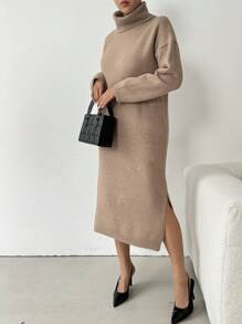 Chiquease 女士高领长袖纯色休闲宽松开叉设计毛衣连衣裙