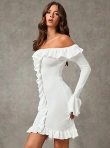 SHEIN BAE Đầm len ôm sát vai Ruffle Hem màu trơn thanh lịch dành cho nữ, mùa xuân/thu - trắng - Xem 5
