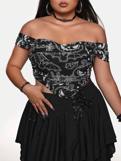 Sonchs Curiosities Artist Women's Plus Size Y2K Style Pumpkin Print Asymmetric Hem Off-Shoulder Fitted Top, For Summer, Holiday, Vacation, Going Out, Festival, Ibiza Fits
