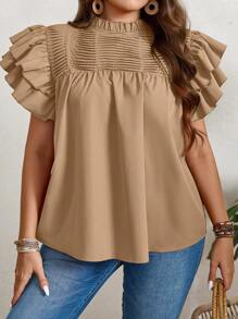 SHEIN LUNE Plus Size Women's Summer Solid Color Frill Trim Stand Collar Double Layer Cap Sleeve Blouse - Khaki - View 1