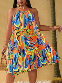 Maweii 大码女士性感热带花卉印花吊带长裙，无袖A字条纹款，多种颜色可选，适合度假、假日、休闲度假 - 彩色 - 查看 4