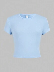 SHEIN Girlism 4 件套 Tween 女童休闲圆领纯色修身短袖 T 恤 - 藍色 - 查看 10