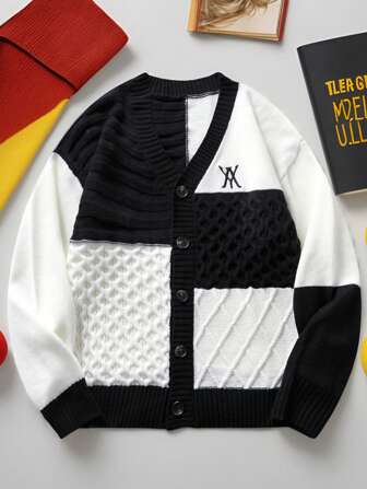 Manfinity Homme Herren gestrickter einfacher Alltags Farbblock Rücken Chunky Strickjacke, Lässige Urban Strickjacke für Schule, Lässig Geschenk für Ehemann, Freund