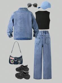 Tween Girls Color Block Front Button Long Sleeve Denim Shirt + Star Print Round Neck Vest + Ripped Pocket Denim Pants Outfit Set - Multicolor - View 2