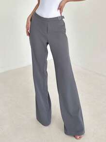 SHEIN Privé Pantalones grises cómodos y elegantes de uso diario y para citas con decoración de hebilla metálica para mujeres de talla grande - Gris - Ver 3