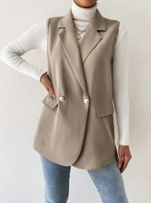 EURMUSE Double Breasted Vest Blazer Without Sweater - Khaki - View 4