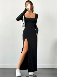 SHEIN EZwear 女士黑色春夏纯色方领长袖侧开衩下摆休闲连衣裙 - 黑色 - 查看 1