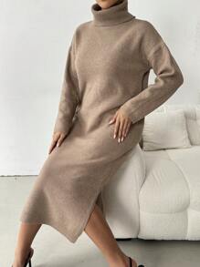 Chiquease 女士高领长袖纯色休闲宽松开叉设计毛衣连衣裙