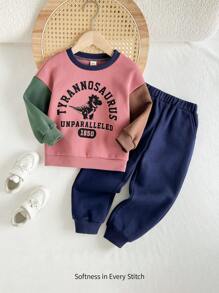 Cozy Pixies 2pcs/Set Boy's Letter Pattern Knit Soft Crew Neck Long Sleeve Sweatshirt And Elastic Waist Jogger Pants - Multicolor - View 1