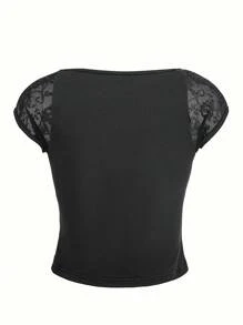 SHEIN LUNE Camiseta corta de mujer con mangas de encaje negro y parches